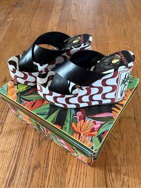 FARM Rio Black Strap Platform Patterned Wedge Sandals with Graphic Sole In Box